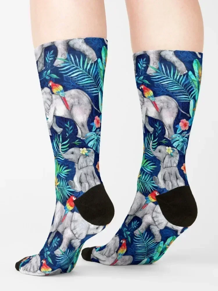 Elephants and Parrots in Indigo Blue Socks anime hiking gift snow Luxury Woman Socks Men's
