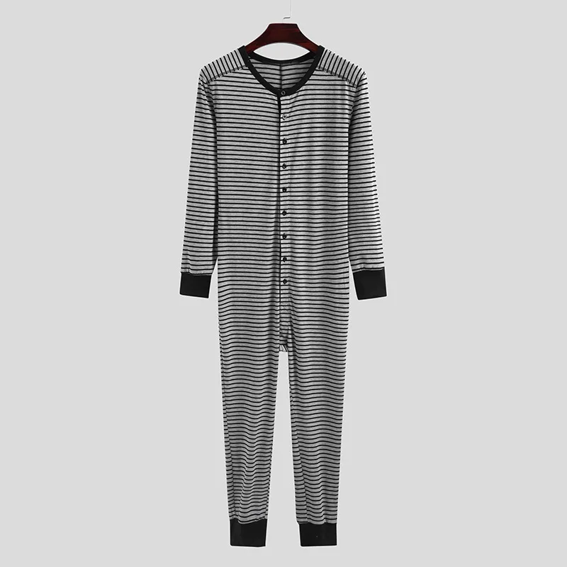 Men Underwear Pajama Skinny Striped Jumpsuit Long Sleeve O Neck Buttons Romper Sleepwear Overall Casual Homewear Pajama Set