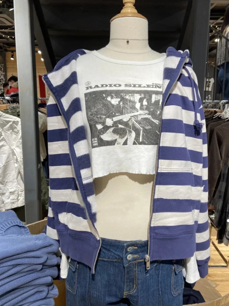 

Striped Patchwork Zip-up Hoodie Women Cotton Loose Pocket Drawstring Jacket Tops Vintage Loose Y2K Chic Sweatshirts Coat