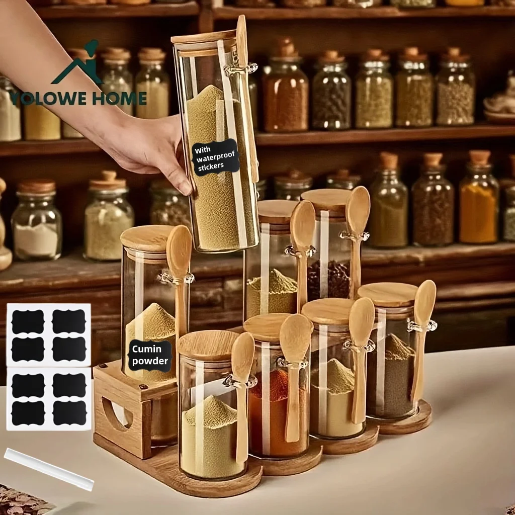 Botella de 8 piezas + 1 juego de recipiente de almacenamiento de vidrio con estante de almacenamiento, tarro de vidrio con tapa de bambú, tarro de especias de cocina, adecuado para especias, harina, café, cereales, dulces, almacenamiento de miel, con cuchara, pegatina con logotipo, bolígrafo, reutilizable, adecuado para regalos de vacaciones