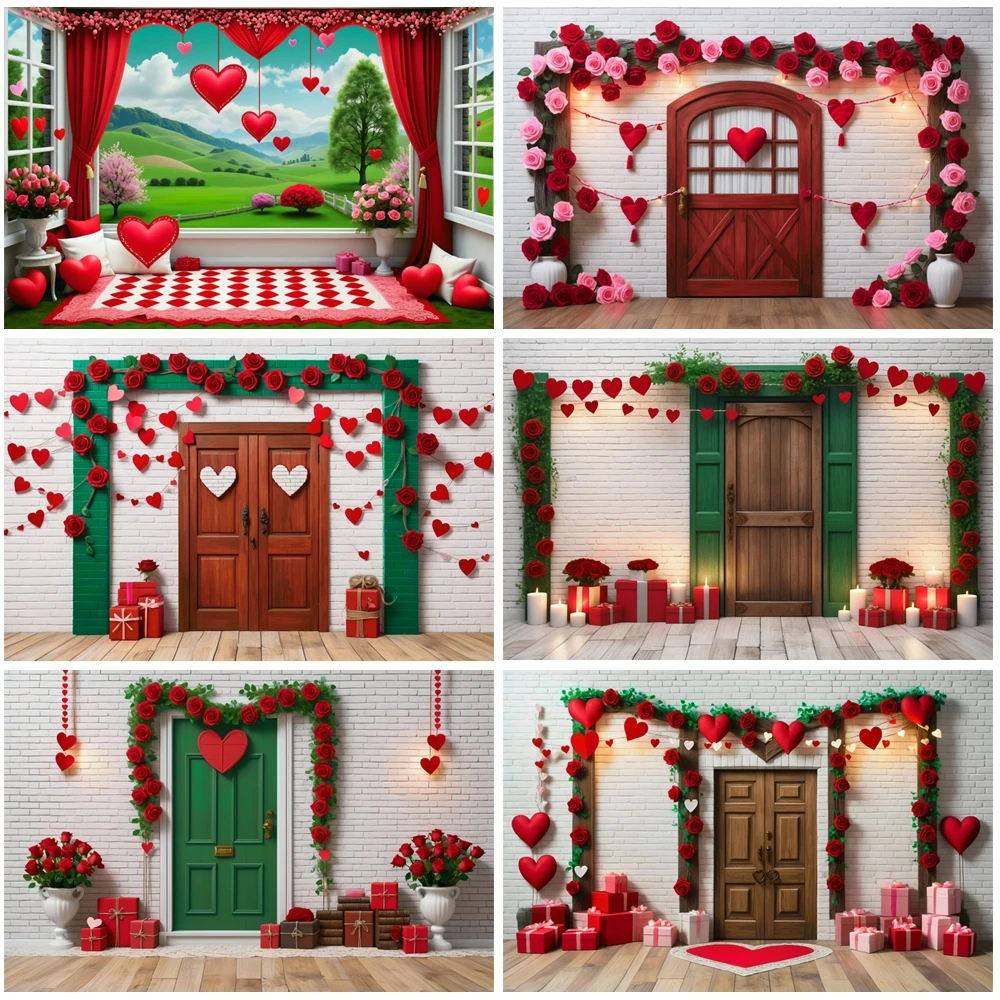 

MOON.QG Romantic Room Valentine's Day Backdrop Window Checkered Rugs Red Florals Photo Background Lover Poster Birthday Studio