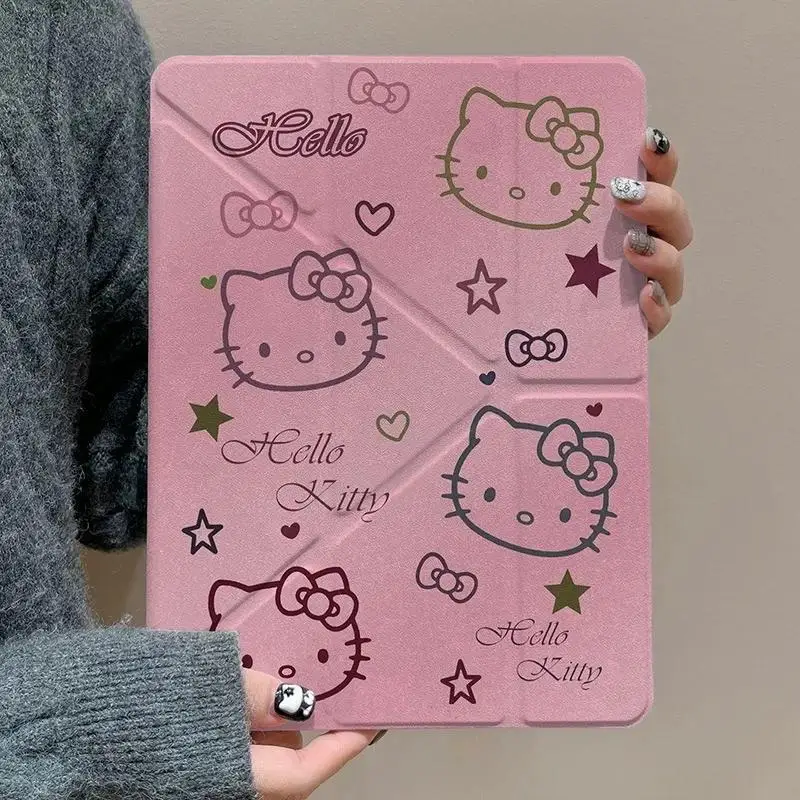 

Kawaii Hello Kitty Table Case For iPad Air 4 5 6 Mini 4 5 6 8.3 Inch Pro 2024 8th 9th 10th 10.9 Acrylic With Pen Holder Cover