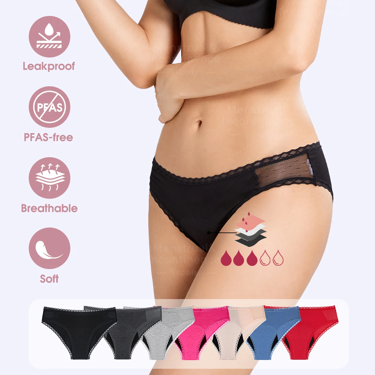 Bikini Period Panties Leakproof Breathable Reusable Bamboo Menstrual Underwear High Absorbency for Daily Use Sports