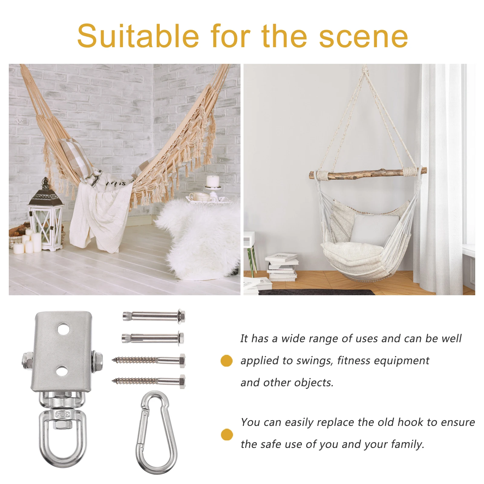 

Stainless Steel Hammock Hooks Durable Swing Hanging Kit Black Color Outdoor Suspension Fittings Practical Hook Set Safe
