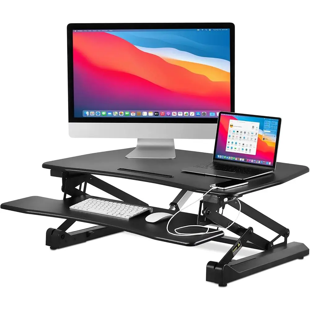 Motorized Electric Standing Desk Converter, 35.4 Height-Adjustable Workstation with USB Charging, Ergonomic Black Desk Riser