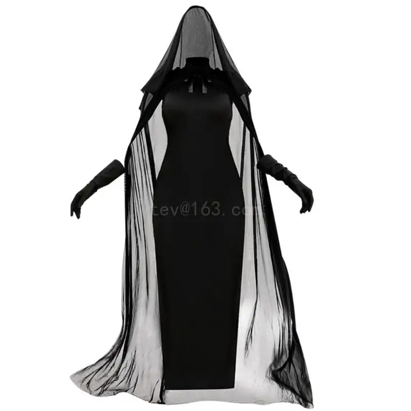 

Women Vampires Witch Tanks Top Long Dress with Mesh Hooded Cape and Gloves Set for Halloween Cosplay Costume Outfit