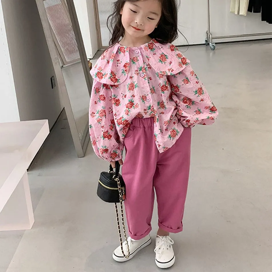 

2022 New Fashion Gril Trousers Kid Cropped Pants Rose Red Loose Elastic Waist Pants Child Denim Wide Leg Casual Pants Wholesale