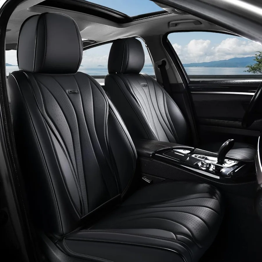 مجموعة كاملة من أغطية مقاعد السيارة الفاخرة المصنوعة من الجلد الصناعي باللون الأسود للمقاعد الأمامية والخلفية المقاومة للماء مع وسادة Unive