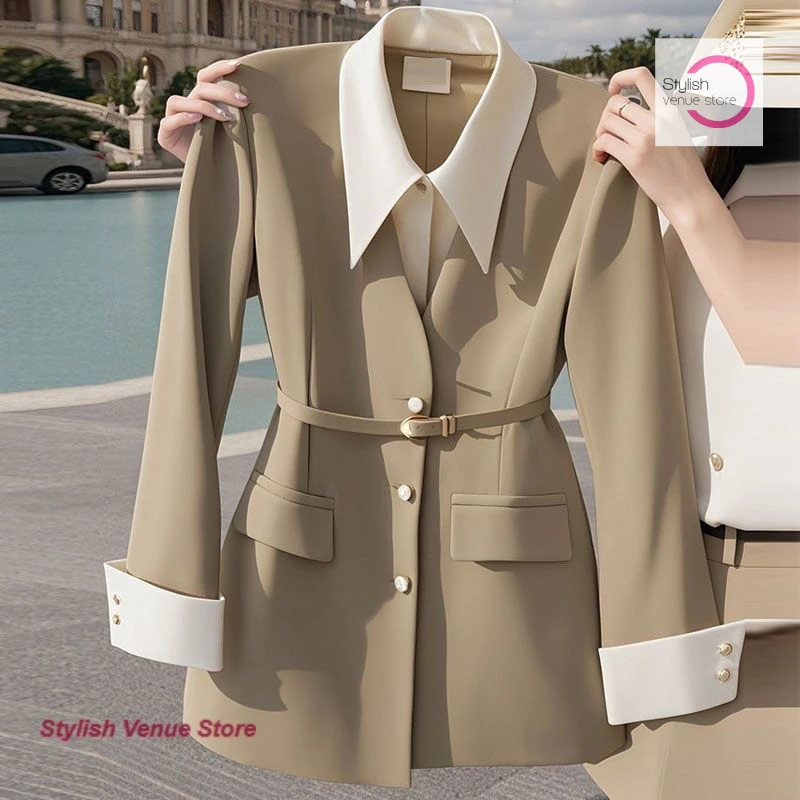 Camicie con cuciture in stile coreano finte due donne primaverili e autunnali moda piccoli abiti occidentali lungo cappotto dal temperamento britannico.