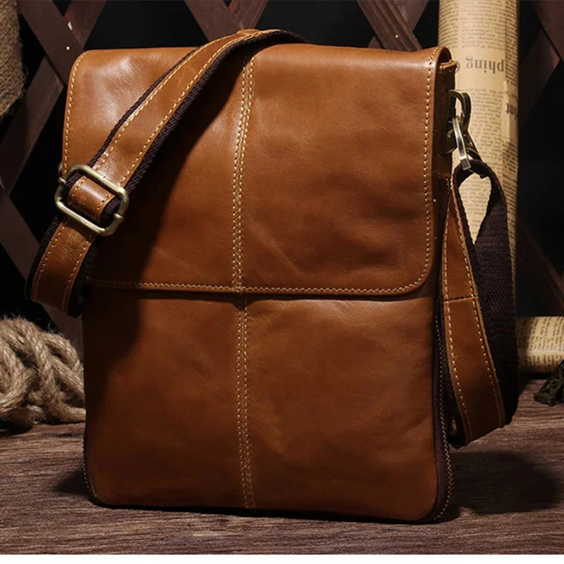 

Luxury Genuine Leather Men Shoulder s Casual Fashion Messenger Crossbody Retro Vertical Small Satchel Bag For Male