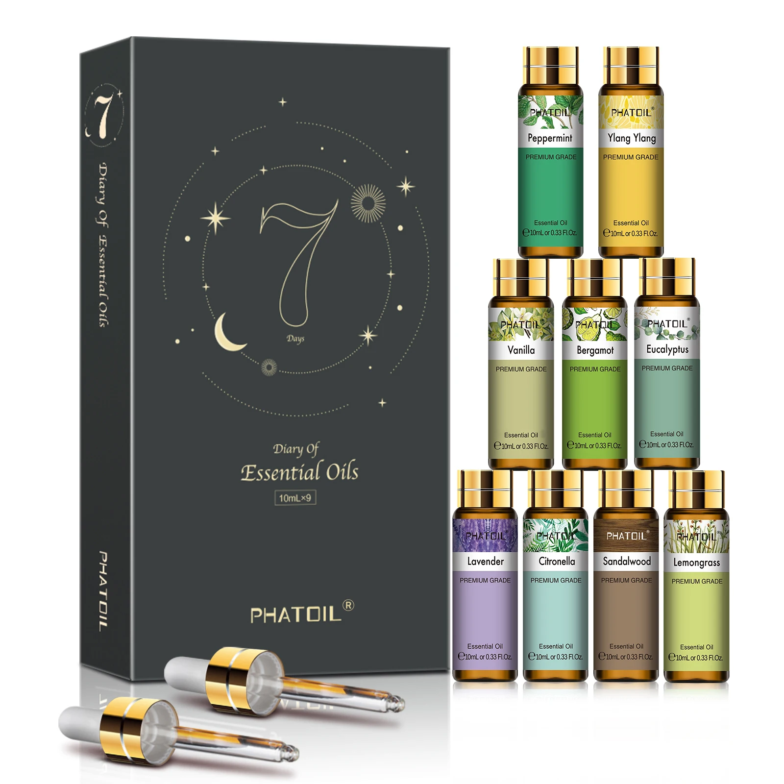 PHATOIL 9PCS Essential Oil Set For Candle Making -10ml Eucalyptus Vanilla Lemongrass Sandalwood Bergamot Citronella Aroma Oils