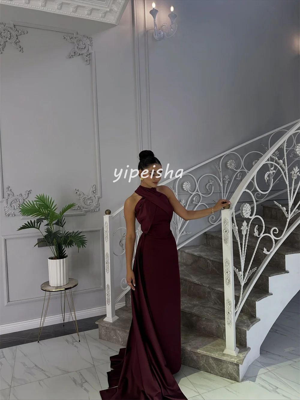 تخصيص رائعة كلاسيكية جيرسي الطية مستقيم الياقة العالية فساتين طويلة مخصصة فساتين المناسبات النمط الصيني الرائع