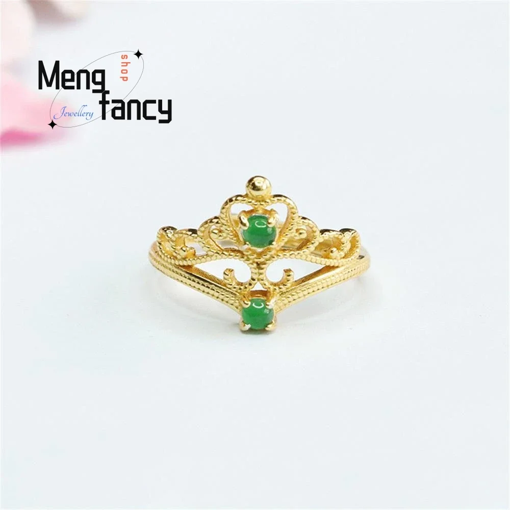 

S925 Silver Inlaid Natural Jadeite Ice Type Imperial Green Crown Ring Exquisite Elegant Simple High-grade Luxury Fashion Jewelry