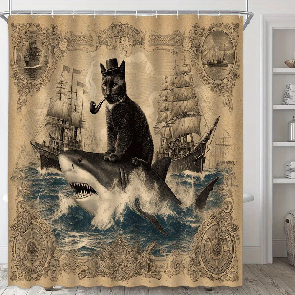 Steampunk Black Cat Shower Curtain - Vintage Bathroom Decor with Top Hat Cat Smoking Pipe on Shark & Sailing Ships Design