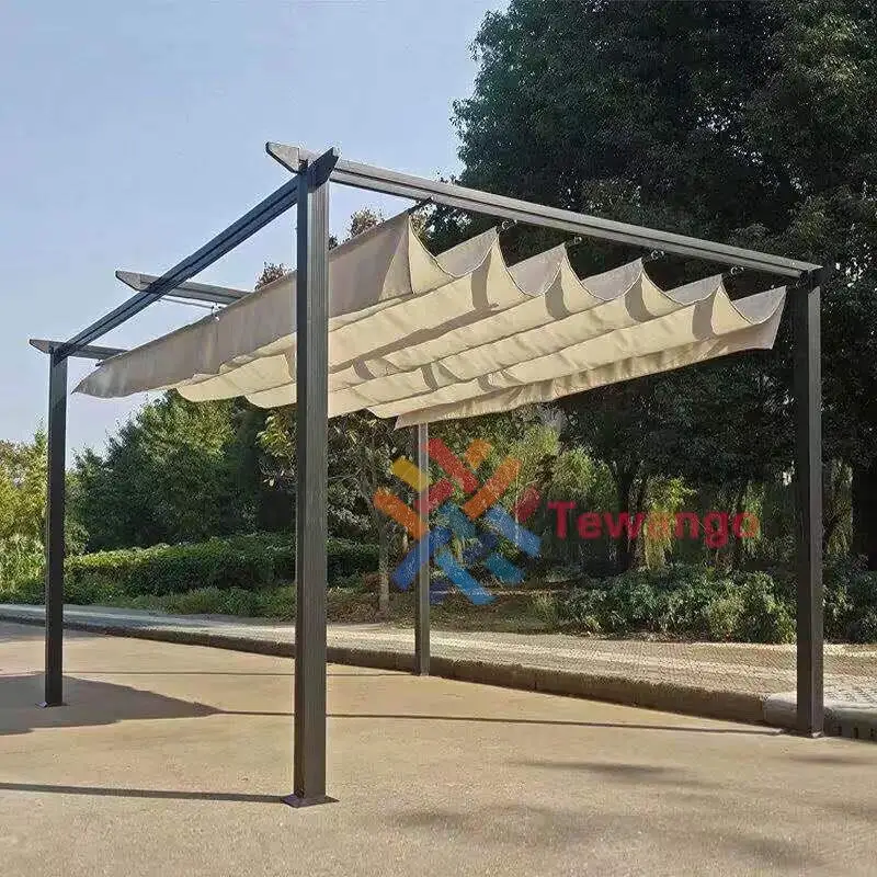 Rozmiar niestandardowy Pergola Wodoodporna tkanina + akcesoria instalacyjne Wave Shade Net Teleskopowy baldachim Beżowy