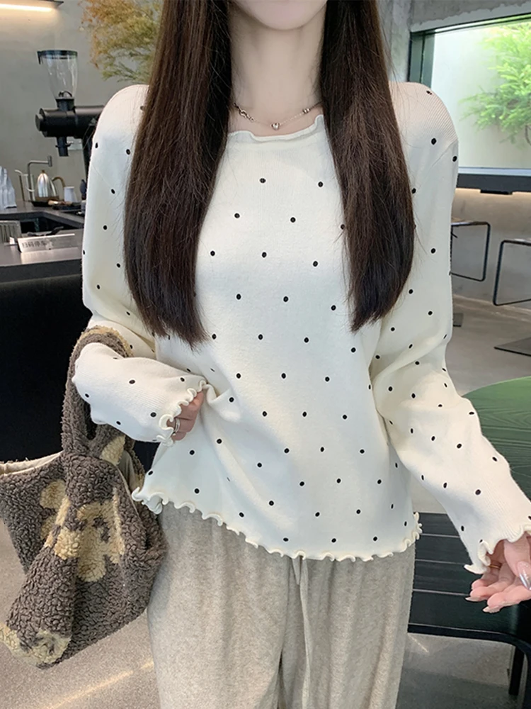 

Женский трикотажный топ в горошек Ele Long Sve, базовый слой, дизайн IRT, зимняя мода, повседневный стиль, приталенный крой