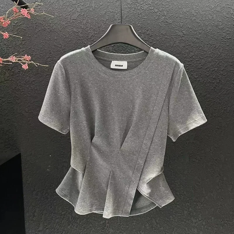 2024 Irregular Round Neck Fashion Short Sleeve T-Shirt Summer New Grey Design Sensibility Versatile Slimming Regular Sleeve Top