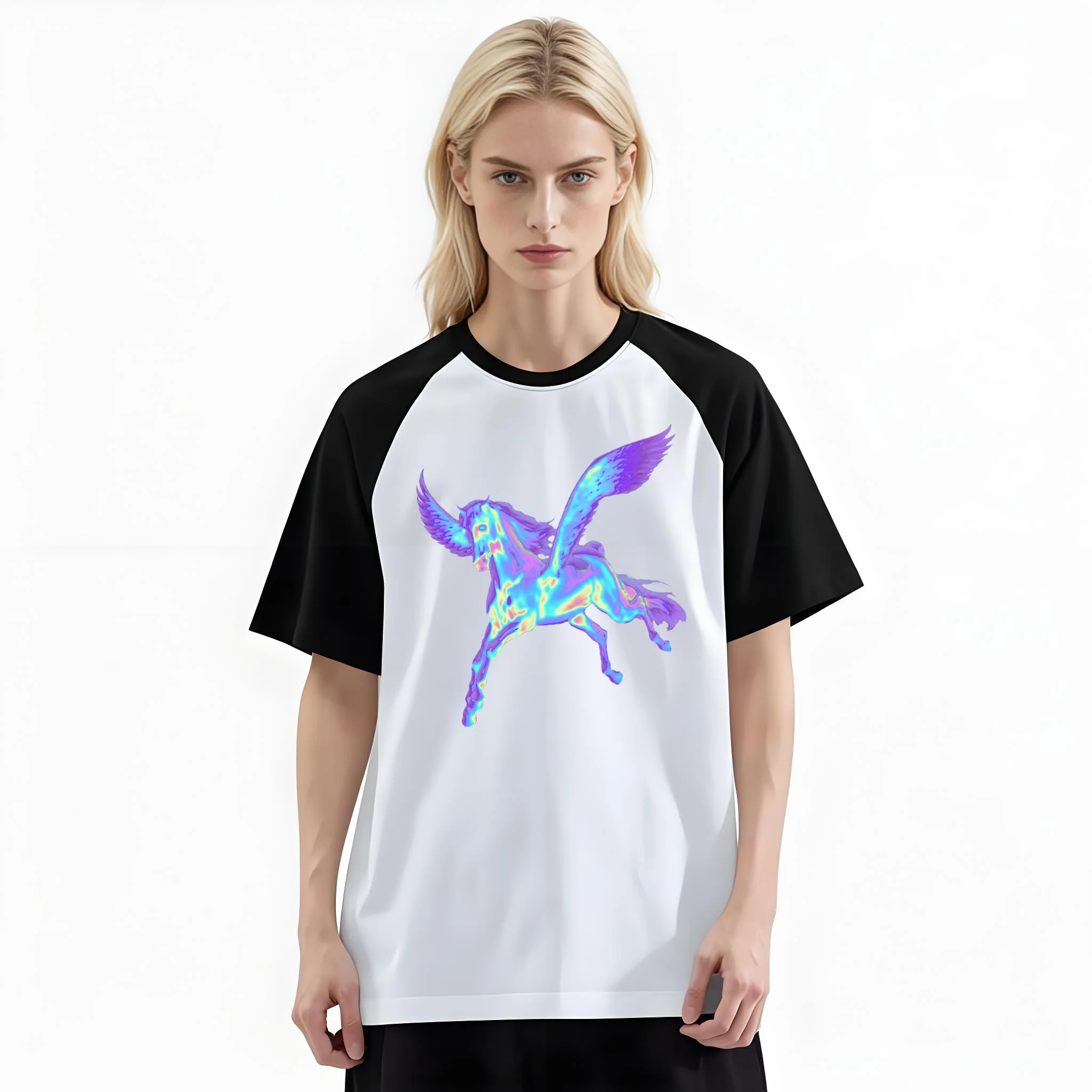 Women'S Fashion Raglan Sleeve T-Shirt, Iridescent Winged Pegasus Trippy Printed, Summer Casual Comfortable Tee, Women'S Everyday Short-Sleeve Top
