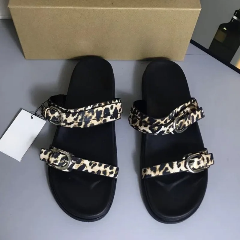 

Thick Heels Summer Women Flat Sandals High Quality Leopard Print Double Buckle Strap Non Slip Large Size Ladies Beach Shoes