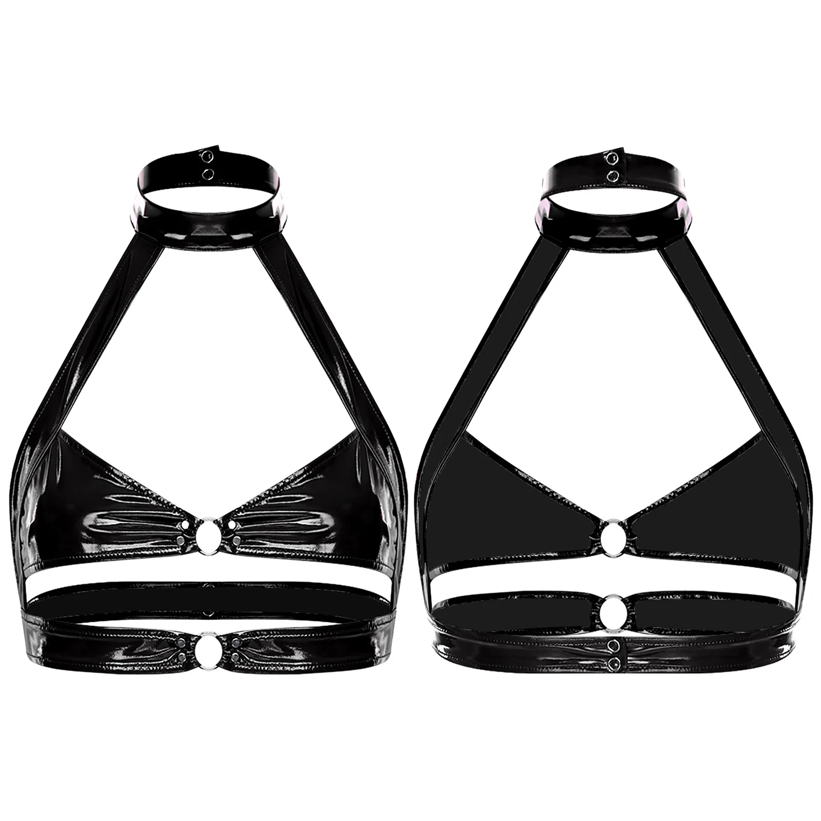 

Womens Wet Look Body Chest Harness Halter No-pad Bra Hollow Out Crop Tops Glossy Lingerie Tops for Clubwear