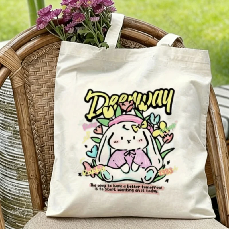 

1PC "Deenway" Cute Floral Bunny Canvas Tote Eco-friendly Reusable Shoulder Bag