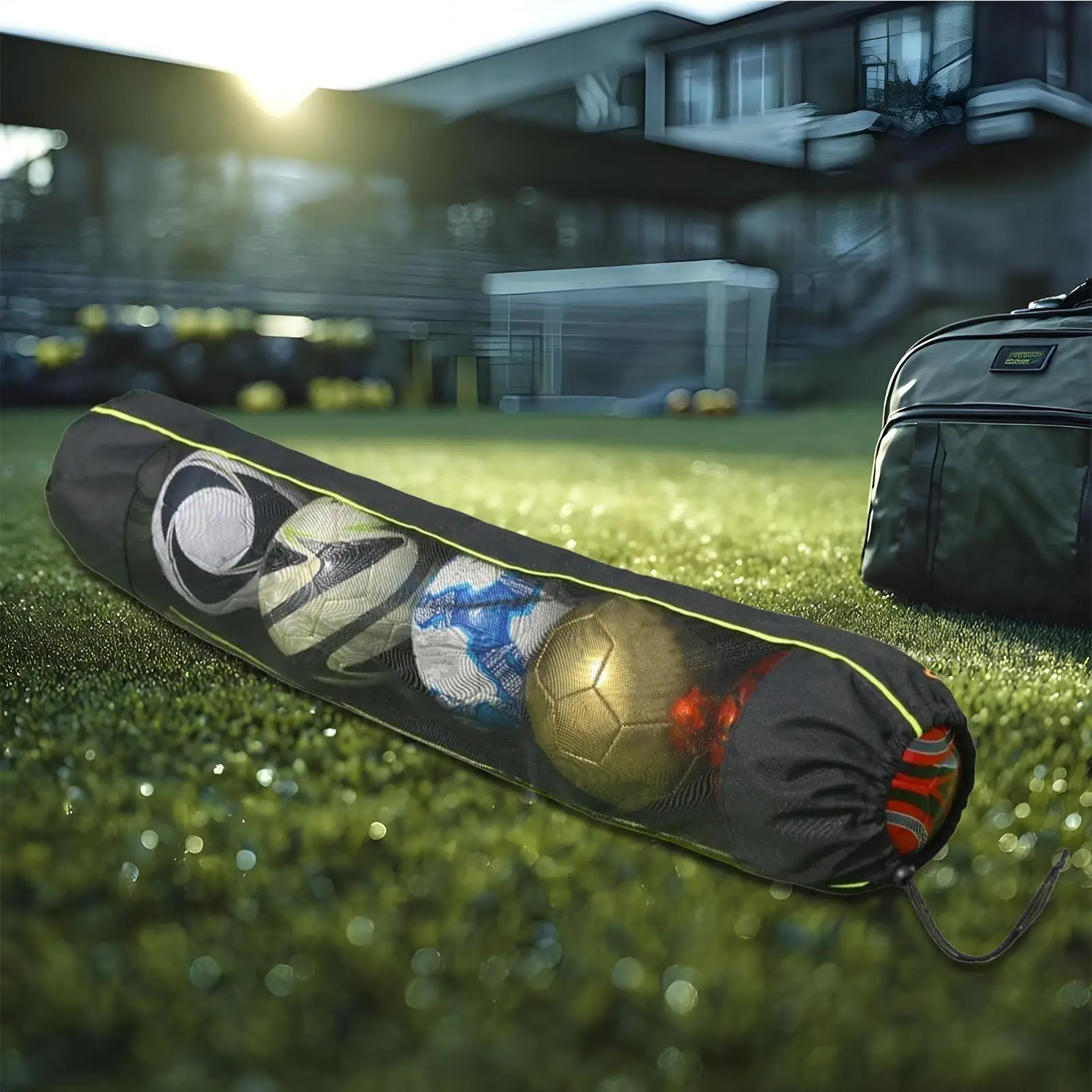 조정 가능한 어깨 스트랩이있는 메쉬 볼 가방 볼 자루 테니스 수영 해변 야외 차고 스포츠를위한 휴대용 Drawstring 자루