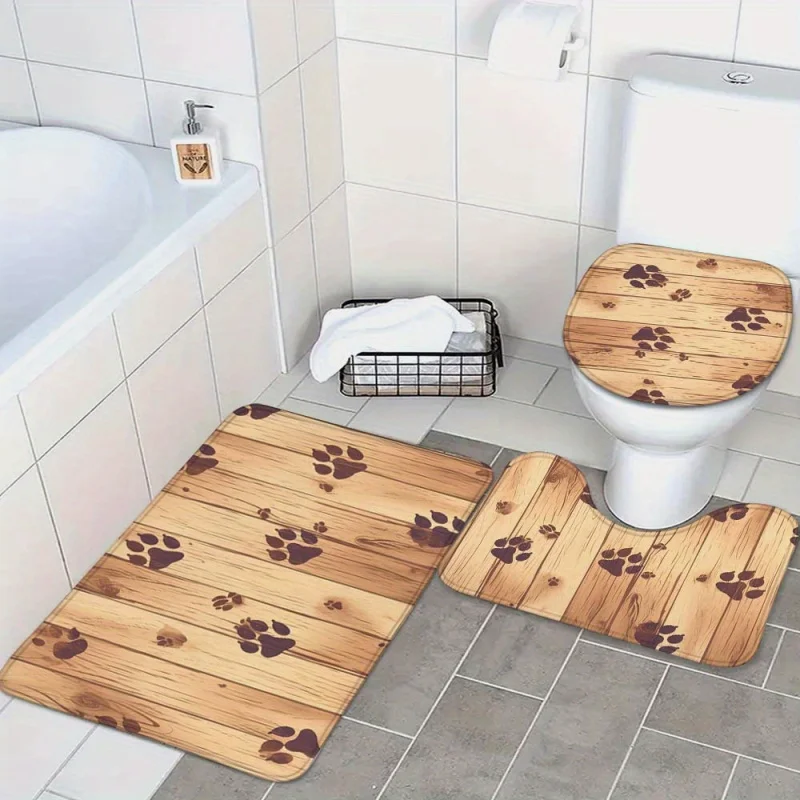 3-Piece Bathroom Set with Paw Print Design - Non-Slip Absorbent Bath Mat, U-Shaped Contour Rug, Toilet Lid Cover - 100% Poly