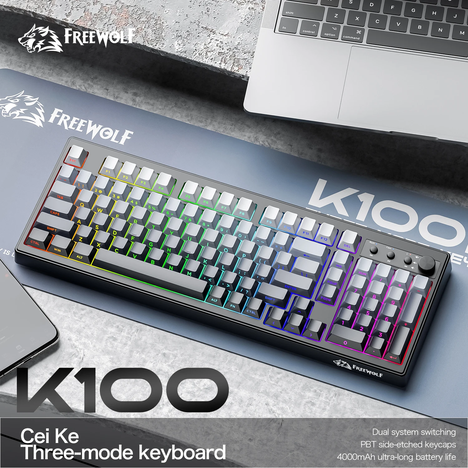 

FREEWOLF k100 three-mode silent gaming keyboard, gradient side engraving, RGB lighting, suitable for PC and laptop WIN/MAC
