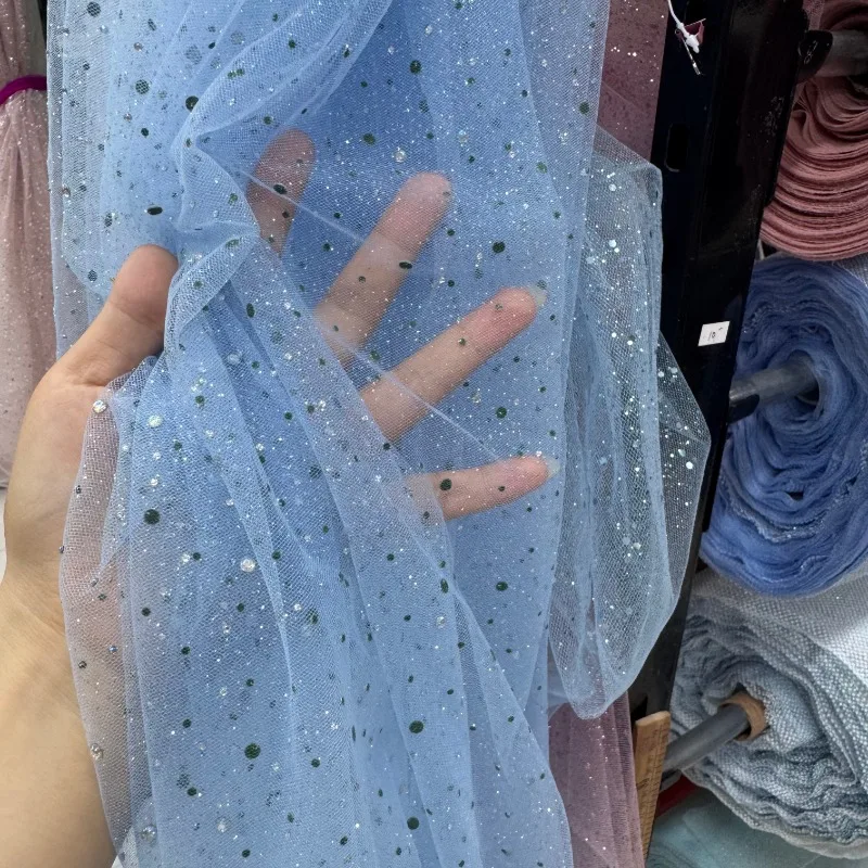 Starry Tulle Fabric Sheer Mesh with Fine Glitter Mixed Rhinestones for Wedding Dress Evening Gown Backdrop Dessert Table Decor