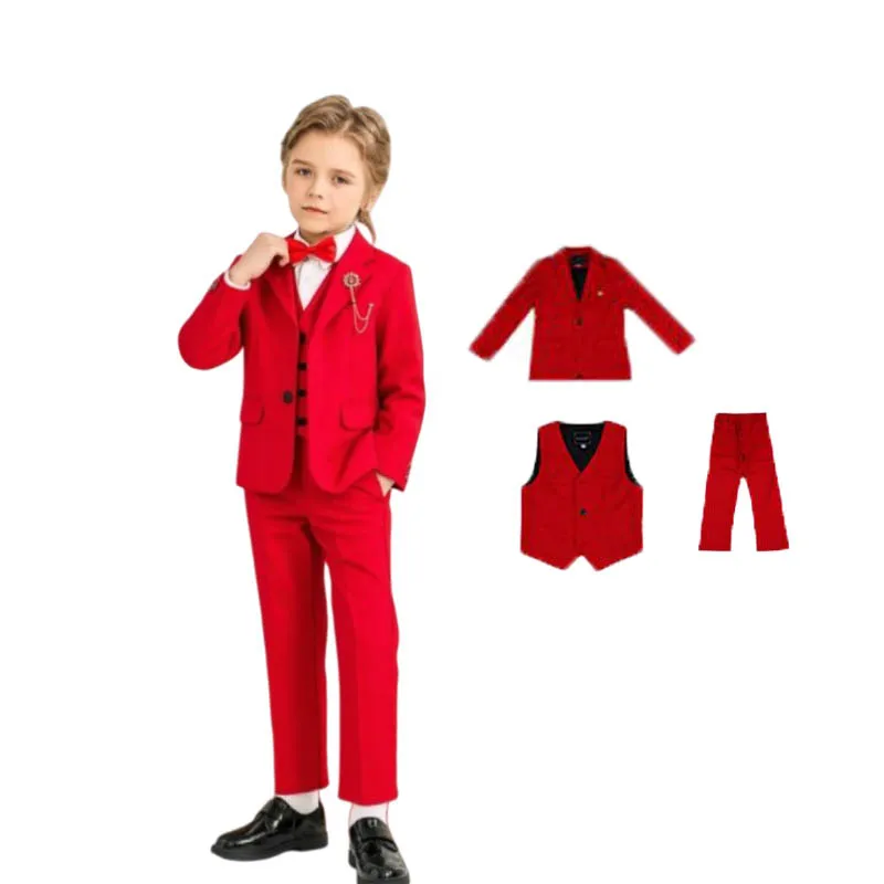 90-170 Size Children Red Spring Photography Suit Boys Wedding Birthday Ceremony Costume Teenager Kids Evening Party Tuxedo Dress