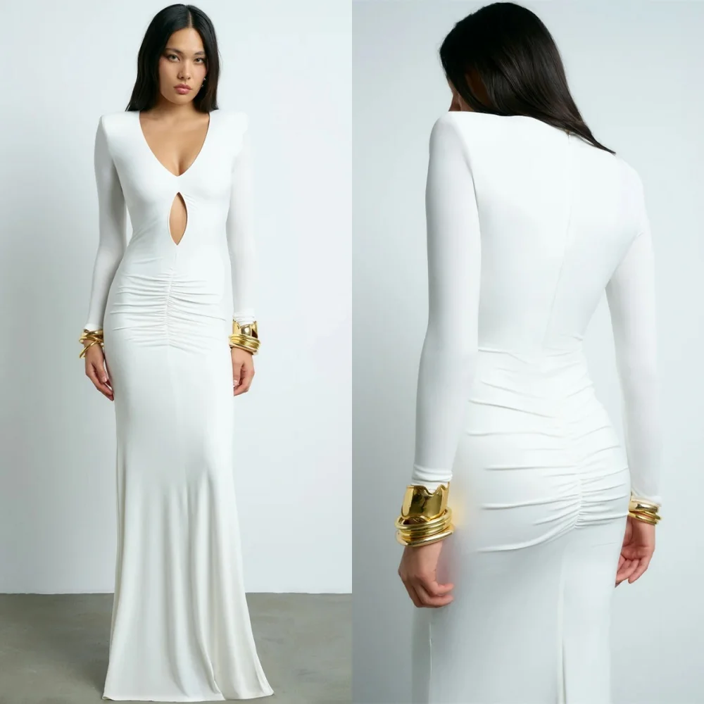 

Customized High Quality Jersey Evening Dress Exquisite V-Neck Long Sleeves Celebrity Gowns Modern Special Occasion Gowns