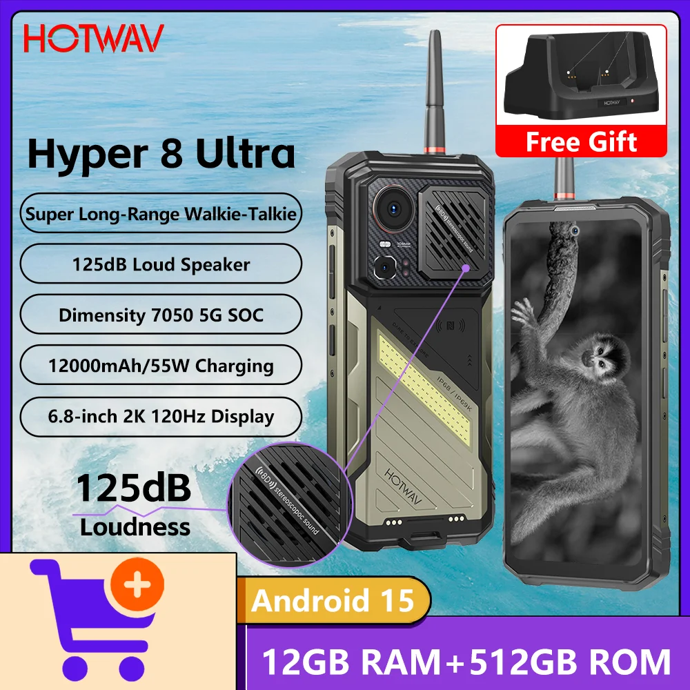 HOTWAV Hyper 8 Ultra Walkie Talkie 5G Rugged Phone 125dB Loud Speaker Dimensity 7050 5G Cmaping Light 12000mAh 55W Android 15