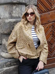 2024 Autumn Sequins Golden Loose Jacket for Women Sparkle Long Sleeve Casual Bomber Jacket with Pockets Female Fashion Coats