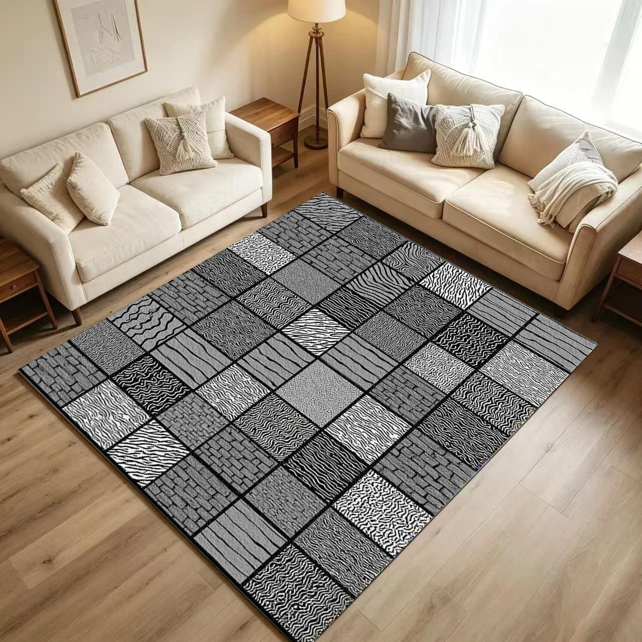 Mixed Texture Patchwork Grid Carpet Flooring Black Grey Wood Grain Wavy Striped Spliced Art Pattern Printed Floor Rug for Household Indoor Industrial Style Home Decor