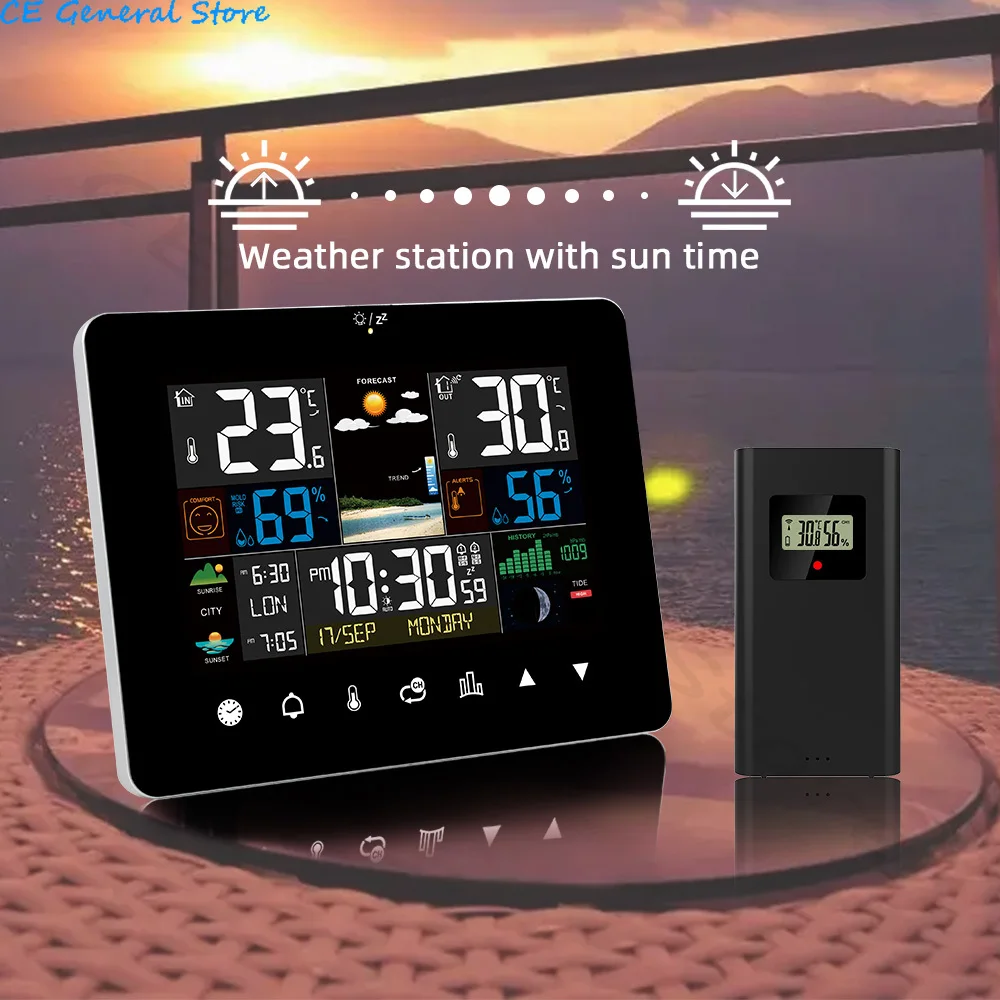 Sunrise and Sunset Thermometer Hygrometer Touch Screen Operation Weather Station Alarm Clock with Wireless OutdoorSensor