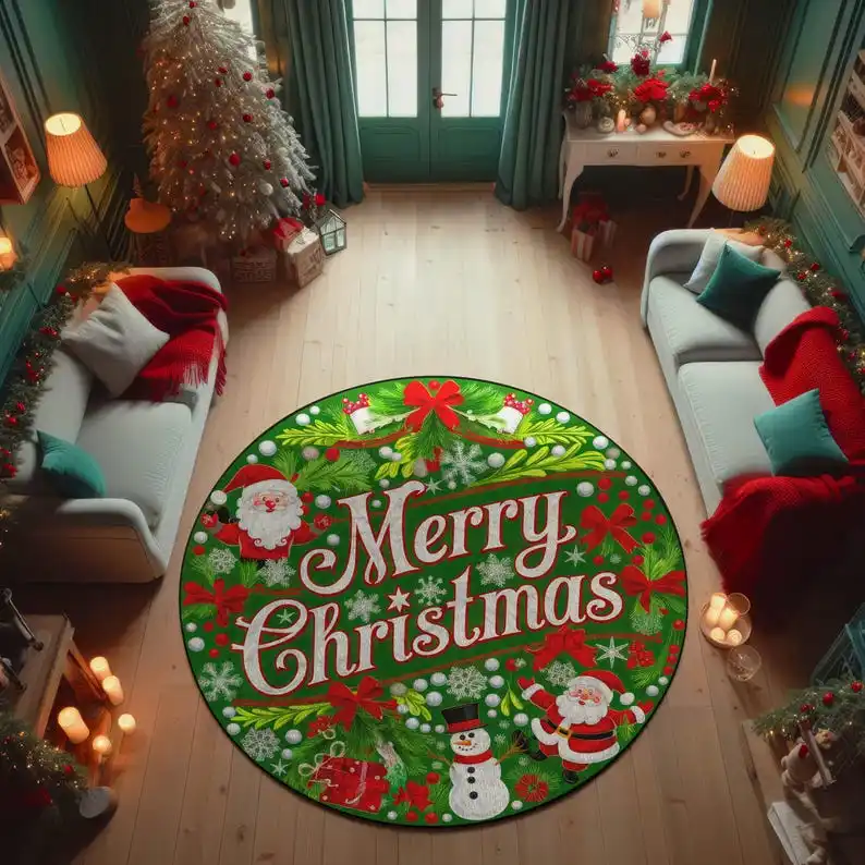 

Круглый ковер с Рождеством, праздничный зеленый, красный праздничный коврик для гостиной, моющийся нескользящий домашний декор, подарок ​