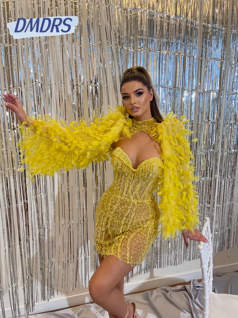 

Luxurious Feathered Sleeves Stylish Prom Gown Sexy Short Sparkly Tassel Evening Dress For Women Birthday Party Homecoming Wear