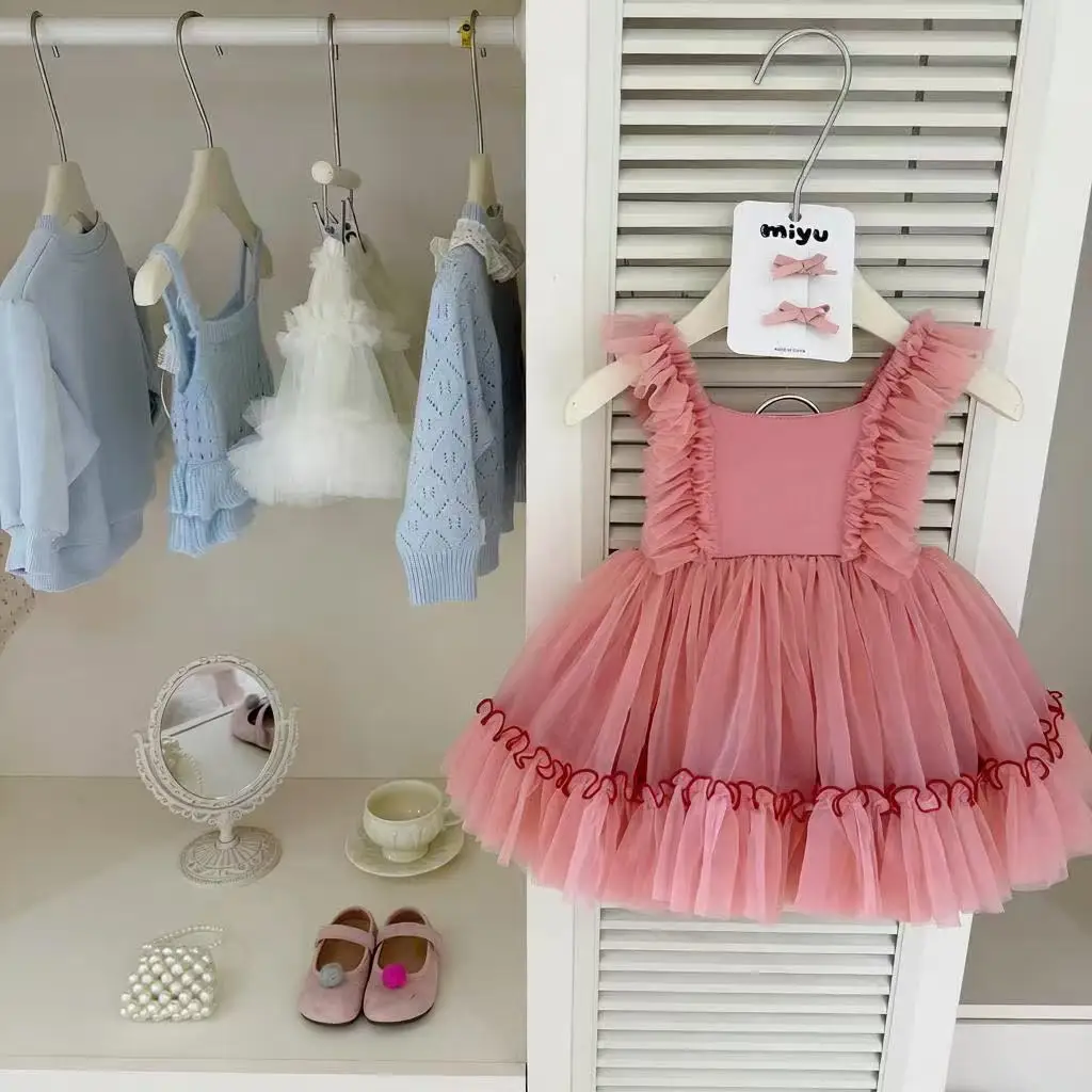 Peach Pink Girls Summer Dress Princess Style Tulle Tutu Dress Fluffy Party Gown for 73-130cm