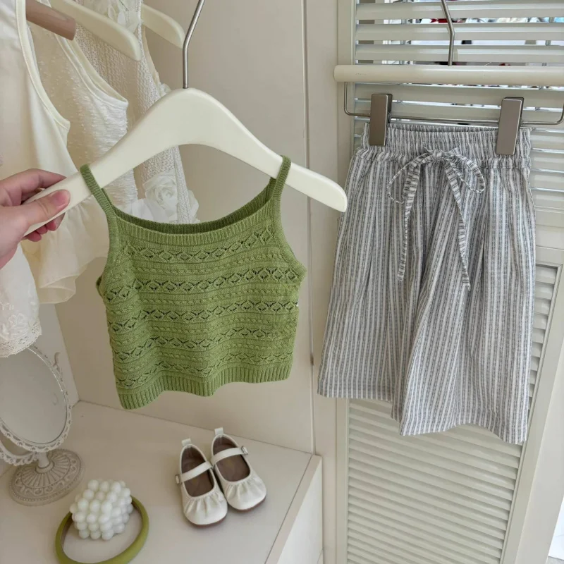 

Girls' Summer Outfit Fresh Style Hollow Green Strap Striped Wide-Leg Pants Two-Piece Set New Summer Collection