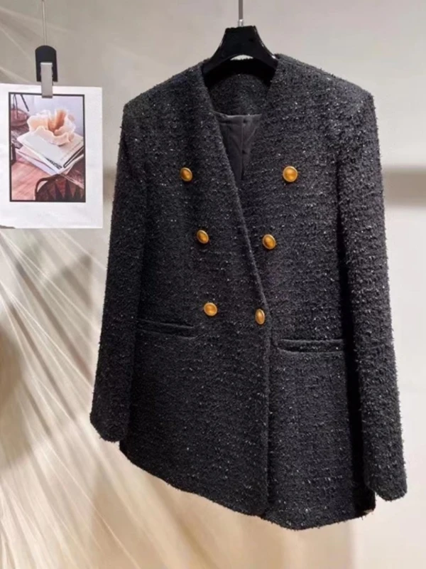 

Bla Wide-che Outerwear 2025 Autumn New Sle Ele Loose Double-breasted V-ne Top for Women Commute Faion