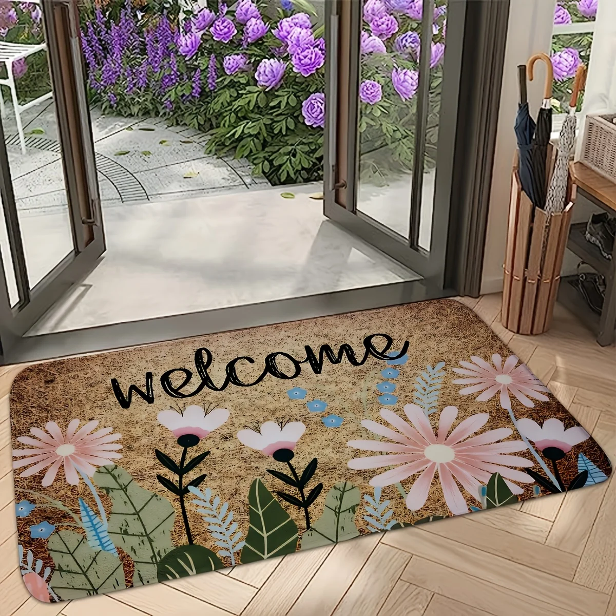 1pcs flower pattern outdoor doormat, gold diamond velvet material, perfect for indoor/outdoor doors, bathroom, outdoor doormat