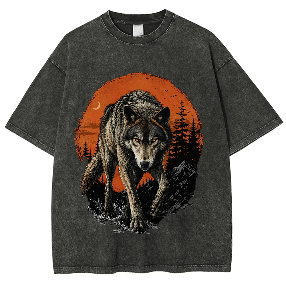 Vintage Wolf Graphic T Shirt Sunset Forest Acid Wash Oversized Cotton Short Sleeve Tops Men Y2K Streetwear Animal Tees