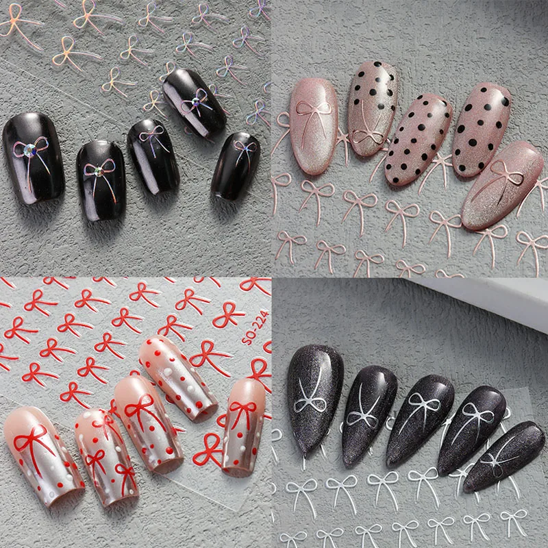 8 szt. Naklejek na paznokcie z kokardkami w różnych kolorach Y2K Czerwony Czarny Różowy 3D Urocze Kokardki Złoty Efekt Laserowy Ozdoby do Manicure ZJT12