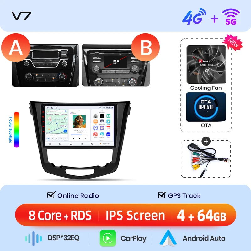 Junsun draadloze CarPlay Android Auto autoradio voor Nissan Qashqai (J11) / X-Trail (T32) 2013-2017 met ingebouwde koelventilator, Android GPS navigatie, multimediaspeler, WiFi, DSP, RDS, BT, SWC, IPS
