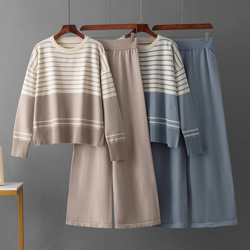 

Women's 2 Piece Knit Set Striped Loose Sweater and Solid Wide Leg Pants Casual Comfort Outfit Fall Winter