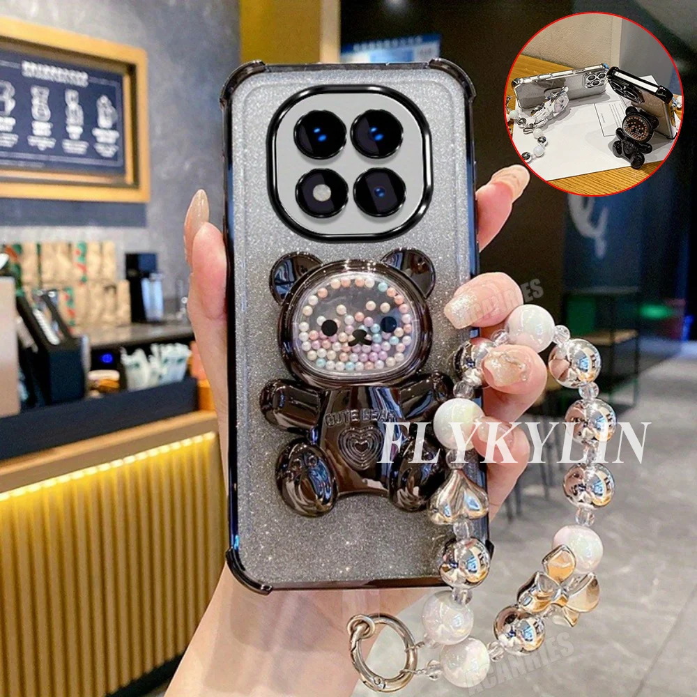 For Samsung A17 A16 A36 A56 A15 A25 A35 A55 A14 A34 A54 Bear Holder With Bead Bracelet Anti Drop Protective Soft Shell