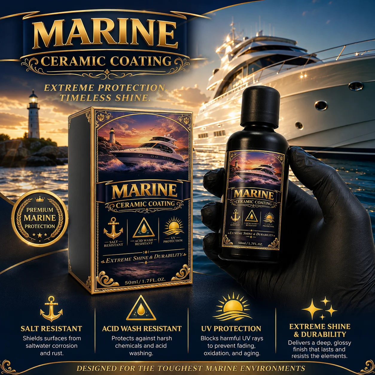 MARINE CERAMIC COATING – Professional Boat & Yacht Protection, Salt Resistant, UV Shield, Extreme Gloss Finish
