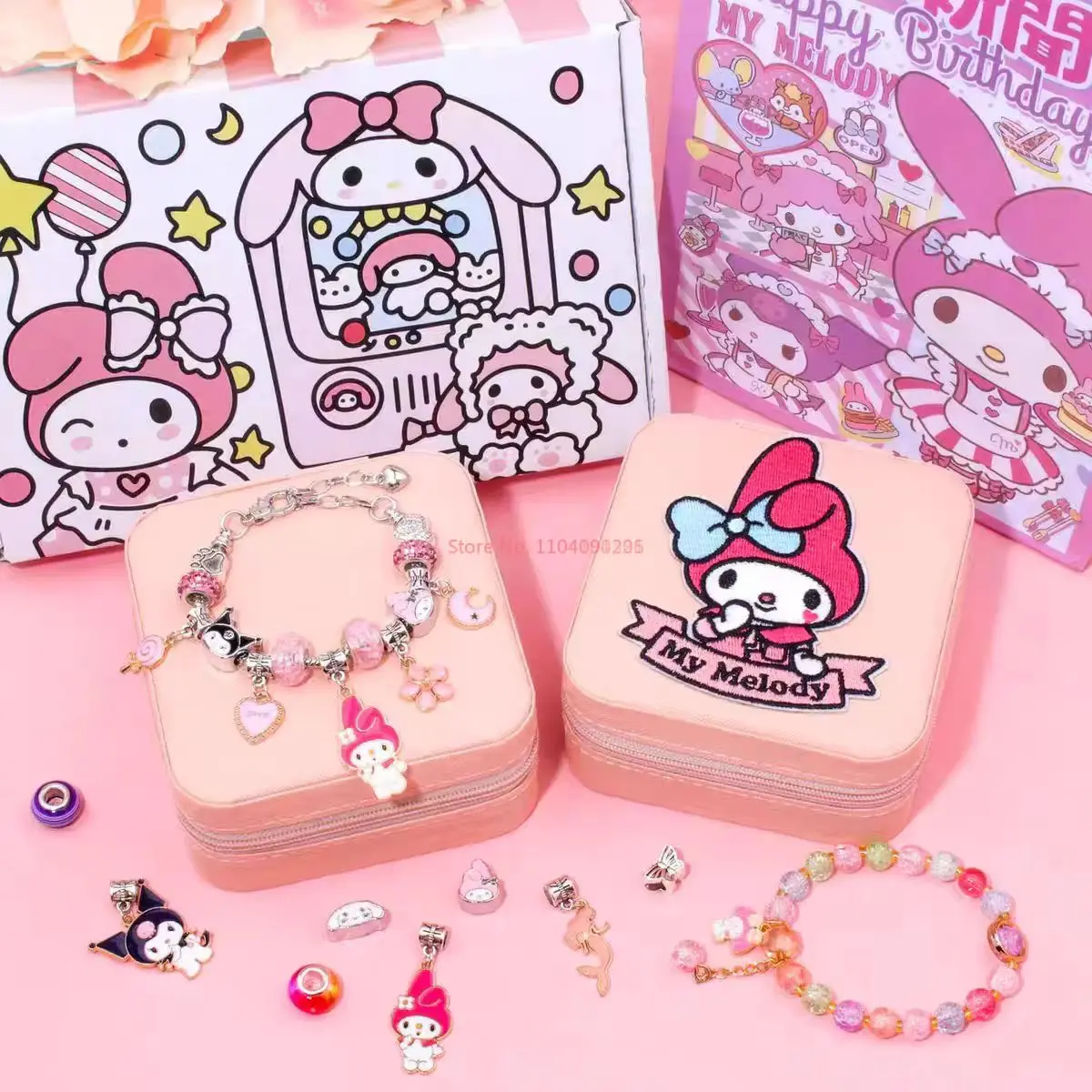 Novo sanrio kuromi melodia diy pulseira conjunto bonito dos desenhos animados criança você mesmo colocação gratuita miçangas pingente jóias presente do feriado brinquedo