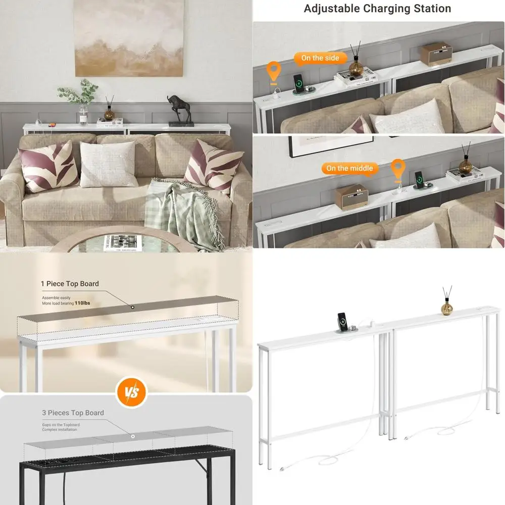 

2-Pack 5.9 Slim Power Console Sofa Table, 39.4 W x 31.1 H, White with Metal Frame and 6.5' Cord
