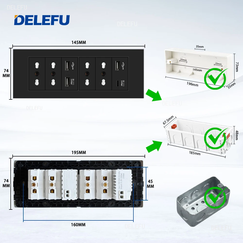 DELEFU Flame Retardant SC31 Panel 195mm Black Italian Standard USB Type C Fast Charging Wall Socket Switch TV Phone CAT5 CAT6